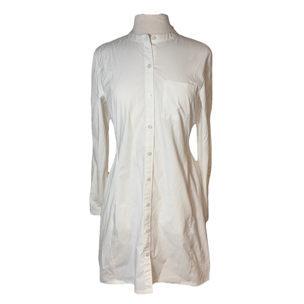 Athleta White Long Sleeve Button Shirt Dress Midi Cinched Waist Pockets Size S P